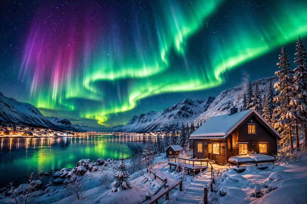 Aurora borealis Northern Lights over snowy Arctic landscape in Tromsø Norway