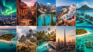 Best travel destinations in the world including Bora Bora Maldives Santorini and Tromsø Northern Lights