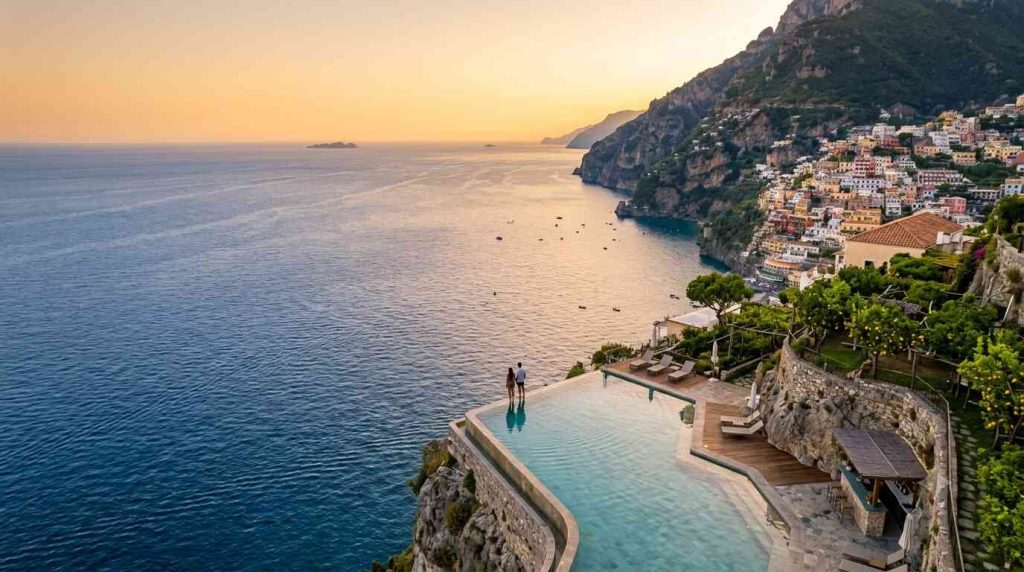 Infinity pool on Amalfi Coast cliffside at Monastero Santa Rosa above Tyrrhenian Sea at golden hour for honeymoon Italy