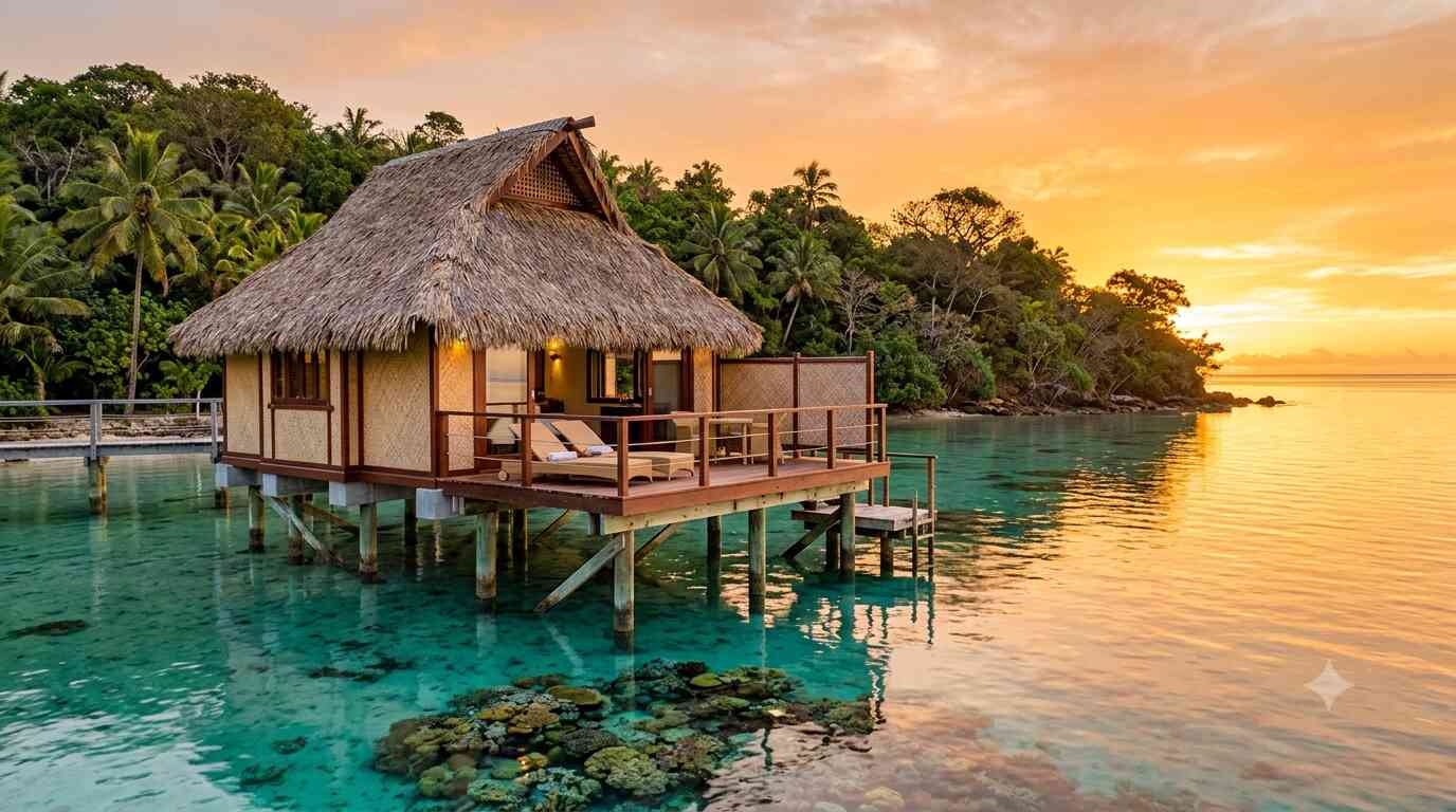 Traditional overwater bure at Likuliku Lagoon Resort Fiji at sunrise above turquoise lagoon for honeymoon Pacific