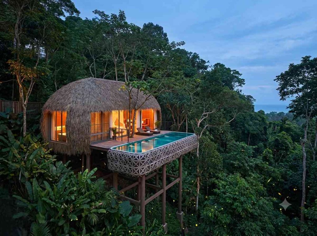 Keemala Resort bird nest pool villa suspended in jungle canopy at dusk in Phuket Thailand for luxury honeymoon