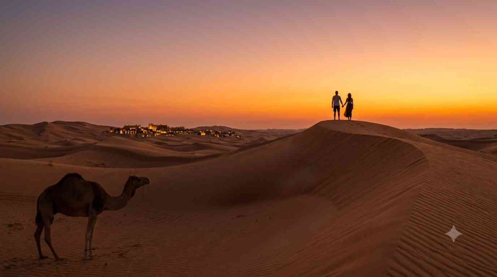 Couple silhouette on sand dune at desert sunset in Empty Quarter near Dubai for romantic honeymoon adventure