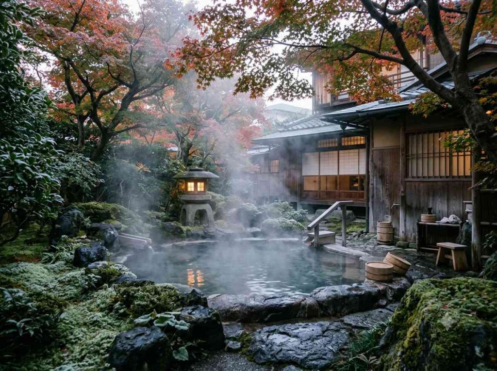 Private outdoor onsen hot spring bath in traditional Japanese ryokan garden at dawn in Kyoto for honeymoon Japan