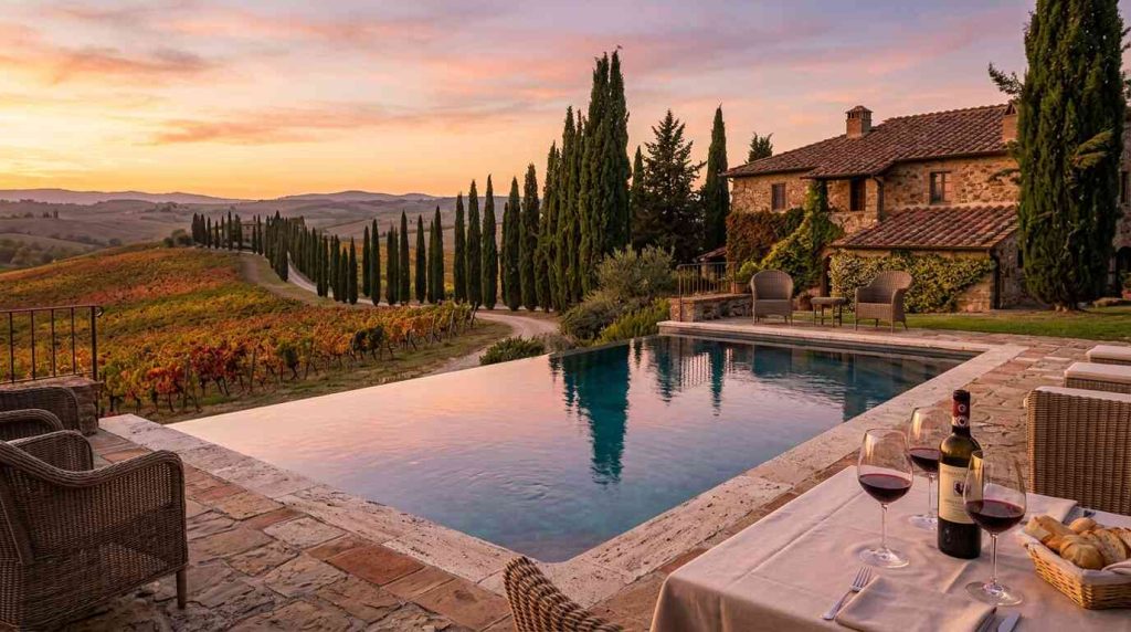 Luxury private pool at converted Tuscan farmhouse villa at sunset with cypress trees and vineyard hills for Italian honeymoon