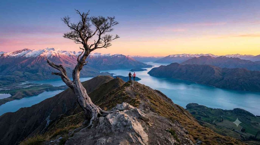 Couple at Roys Peak sunrise above Lake Wanaka New Zealand Southern Alps for adventure honeymoon