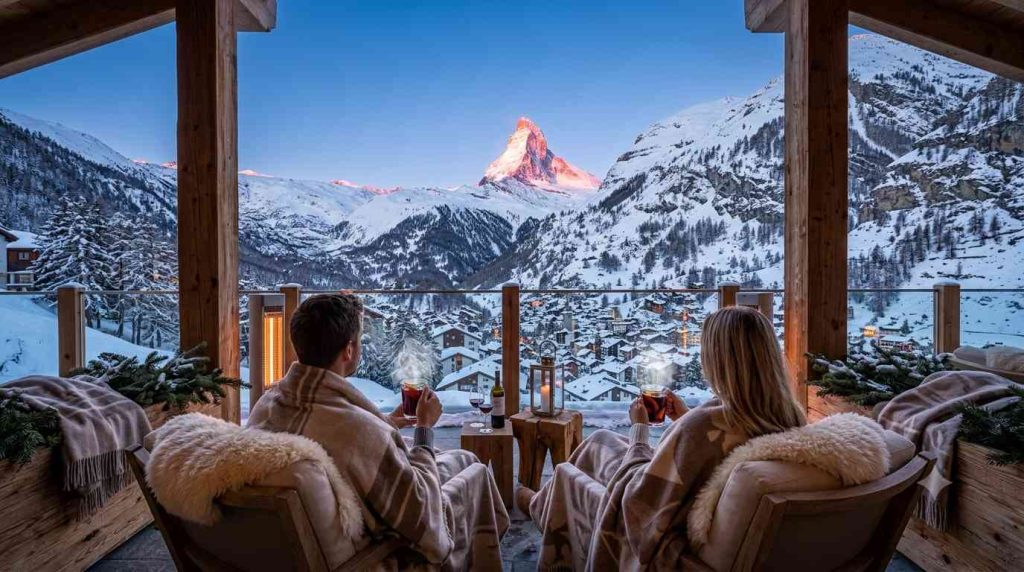 Couple on heated terrace with Matterhorn alpenglow at golden hour in Zermatt Switzerland for winter honeymoon