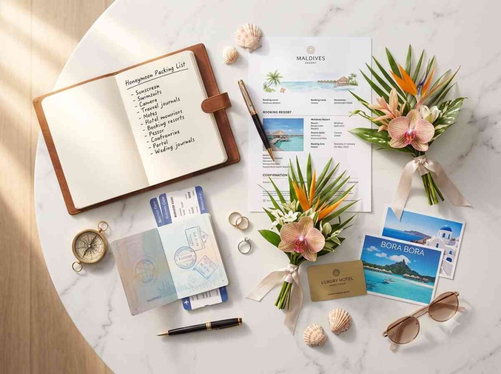 Honeymoon planning flat lay with passport boarding passes wedding rings and destination postcards for best honeymoon destinations guide