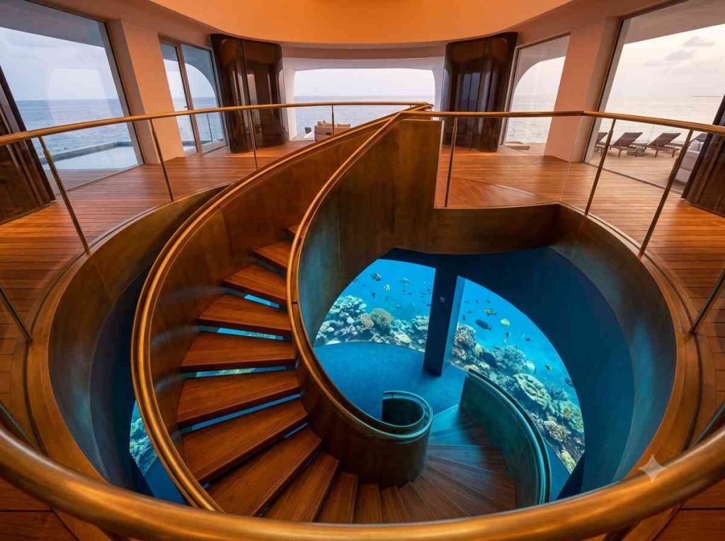 Spiral staircase descending from overwater pavilion into underwater bedroom at The Muraka Conrad Maldives