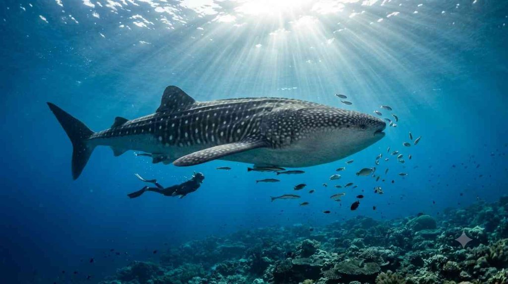 Snorkeler swimming alongside massive whale shark in South Ari Atoll Maldives near Conrad Maldives
