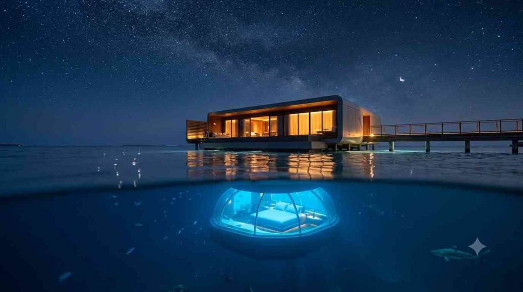 The Muraka underwater bedroom glowing blue beneath dark lagoon at night at Conrad Maldives