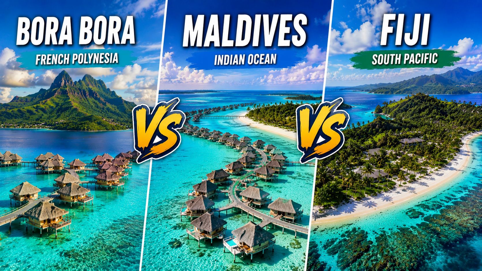 Bora Bora vs Maldives vs Fiji overwater bungalow comparison aerial view