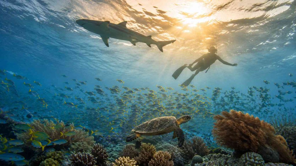 Snorkeler above Gili Lankanfushi house reef with blacktip reef shark and hawksbill turtle in North Male Atoll Maldives