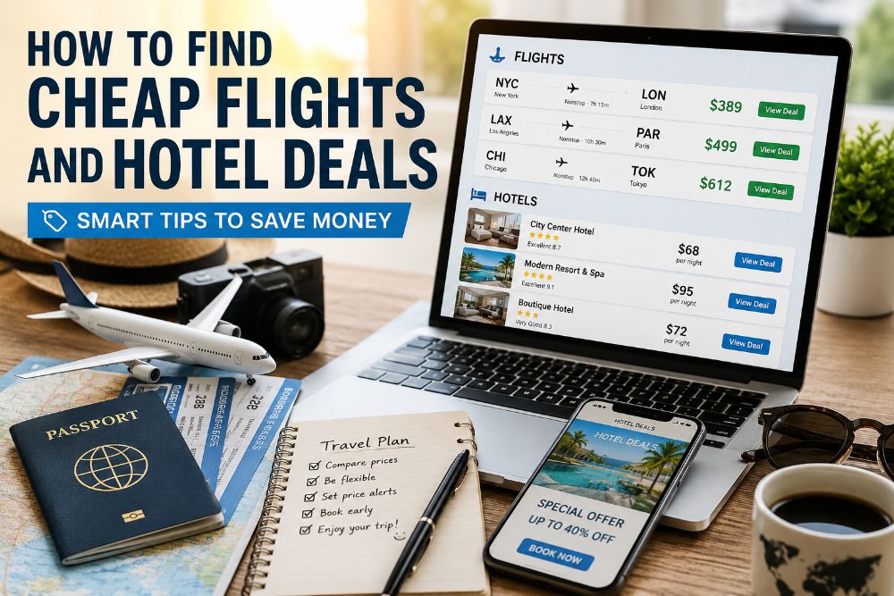 Cheap flights and hotel deals travel planning with airplane tickets and accommodation booking
