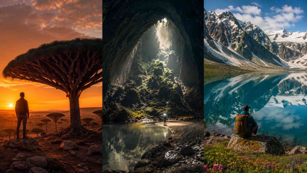 Adventure travel triptych featuring Socotra Island Son Doong Cave and Himalayan glacial lake