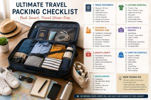 Ultimate Travel Packing Checklist for Any Trip traveler packing suitcase with travel essentials for vacation