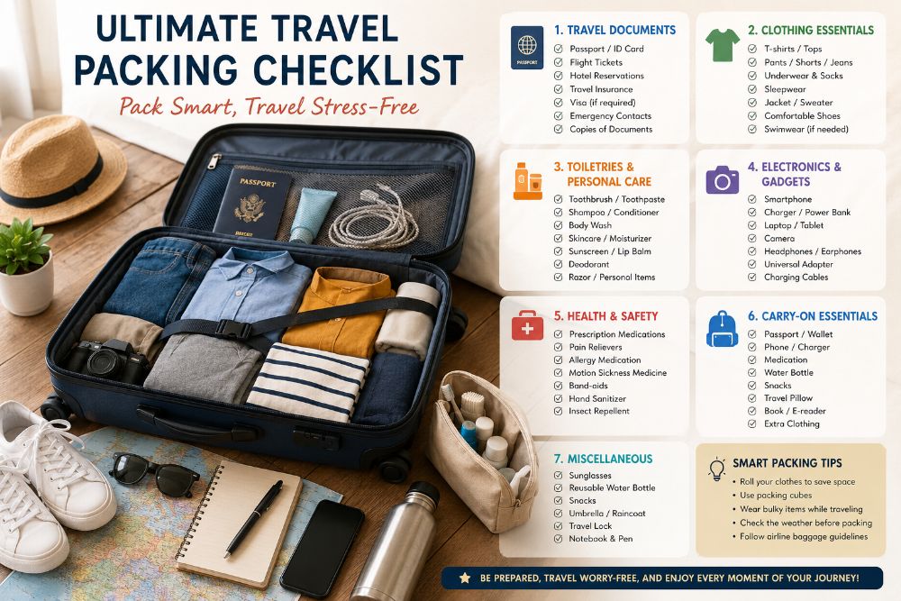 traveler packing suitcase with travel essentials for vacation