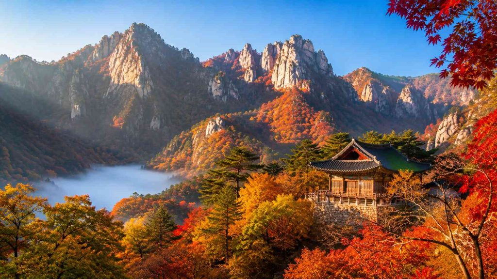 Dramatic granite peaks above vivid crimson autumn forest in Seoraksan National Park South Korea