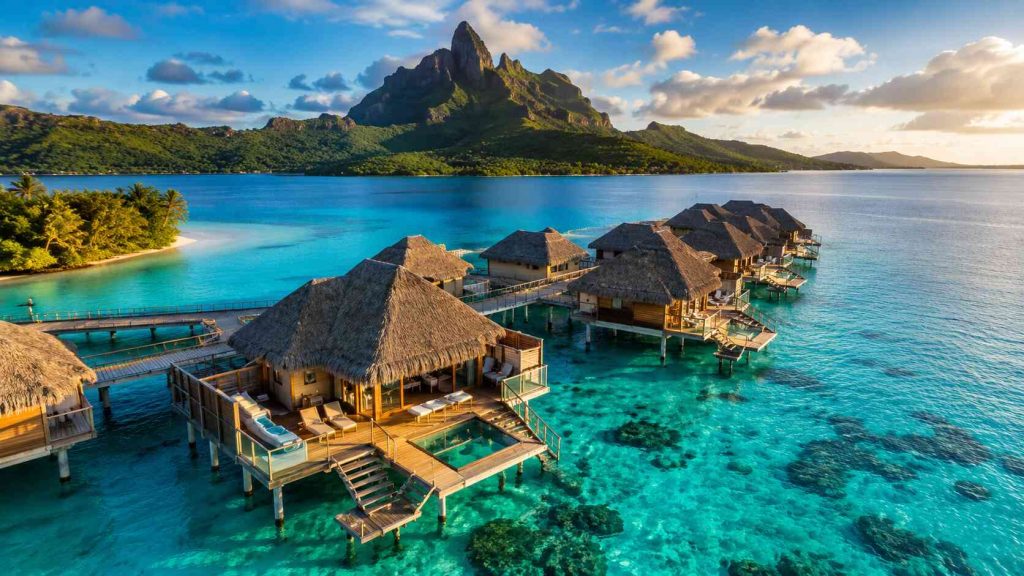 Aerial view of luxury overwater bungalows on turquoise lagoon in Bora Bora with Mount Otemanu