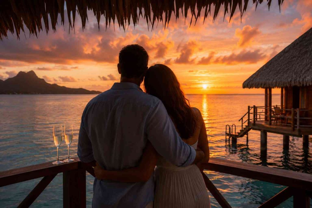 Romantic couple on overwater bungalow deck at sunset for honeymoon in tropical paradise