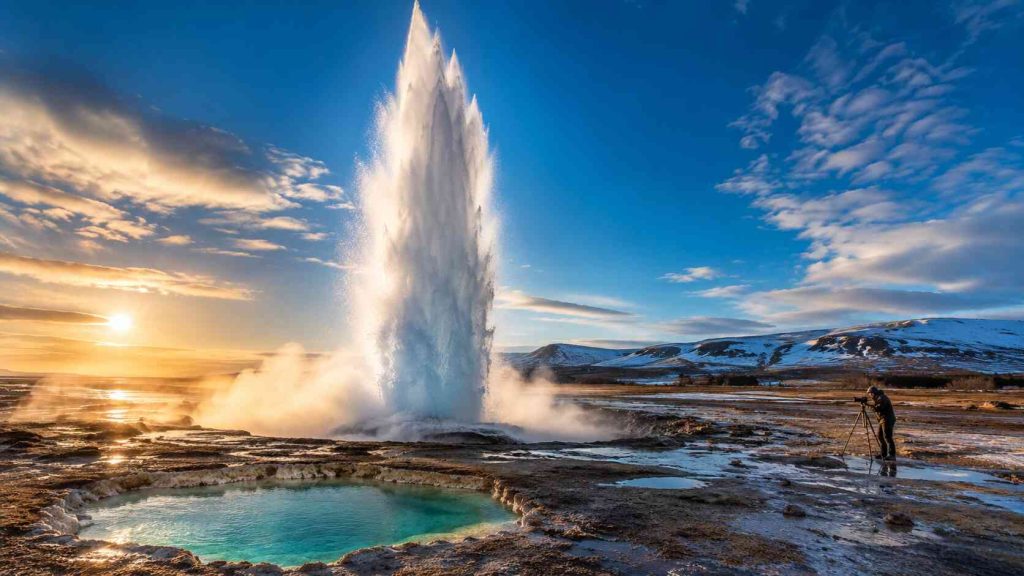 Strokkur geyser erupting 30 meters into blue sky in Iceland Golden Circle geothermal area