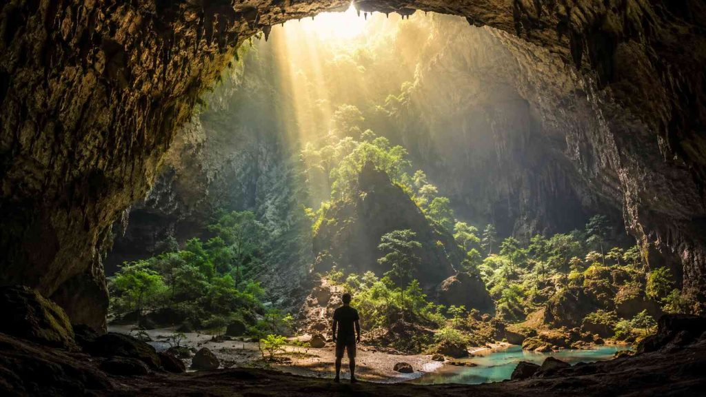 Explorer with headlamp beside underground river inside Son Doong Cave Vietnam world largest cave