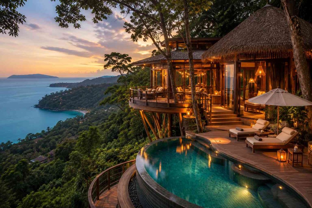 Luxury treehouse villa with private pool overlooking Andaman Sea in jungle hillside Phuket Thailand