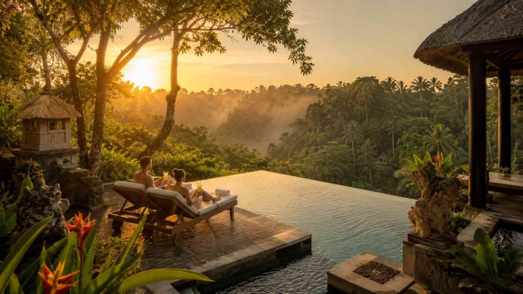 Private infinity pool villa overlooking Petanu River valley jungle at golden hour at Viceroy Bali Ubud honeymoon
