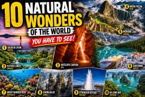 Natural wonders of the world collage featuring Salar de Uyuni Antelope Canyon Plitvice Lakes and Machu Picchu