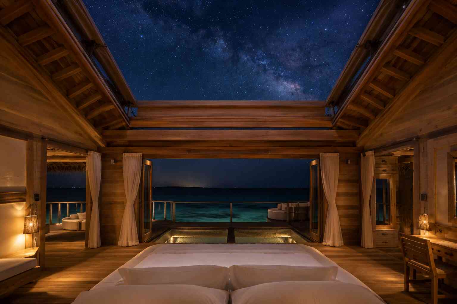 Soneva Jani overwater villa bedroom with retractable roof open revealing Milky Way night sky above