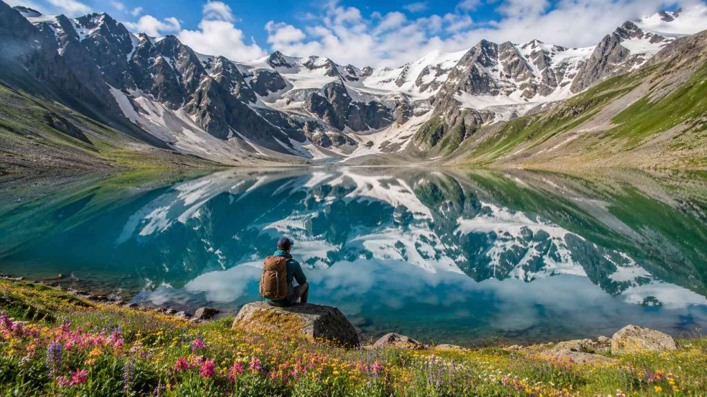 Vivid turquoise Ratti Gali glacial lake reflecting Himalayan peaks in Azad Kashmir Pakistan