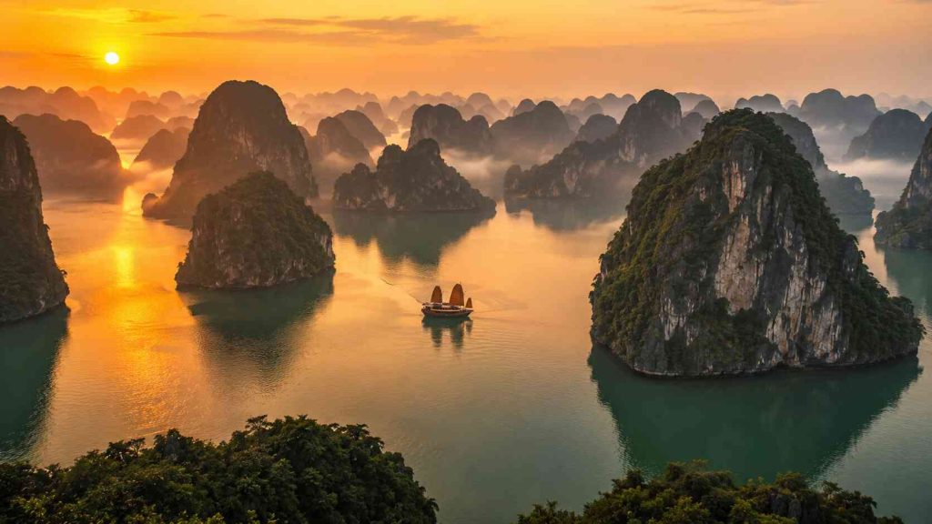 Traditional junk boat sailing between limestone karst islands at golden hour in Ha Long Bay Vietnam