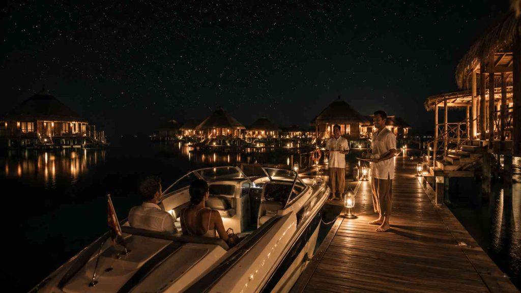 Luxury speedboat arriving at Gili Lankanfushi resort jetty at night with glowing overwater villas reflecting in calm Maldives lagoon