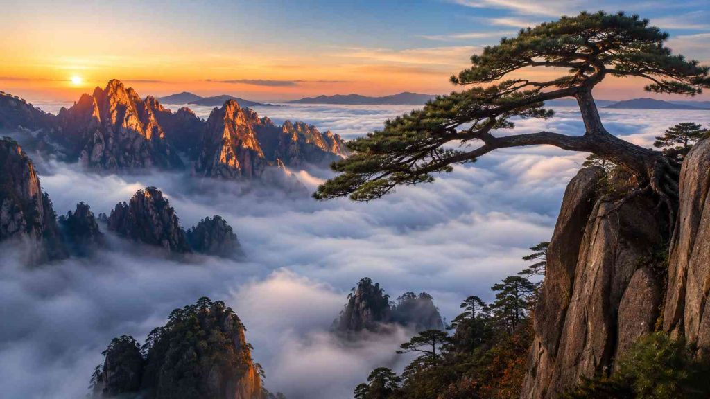 Ancient Huangshan pine tree on cliff edge above sea of clouds at dawn Mount Huangshan China