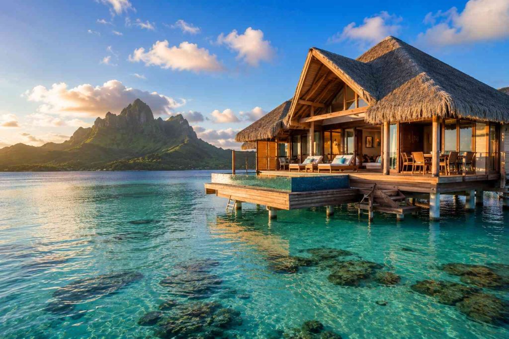 Luxury overwater bungalow in Bora Bora with Mount Otemanu in the background