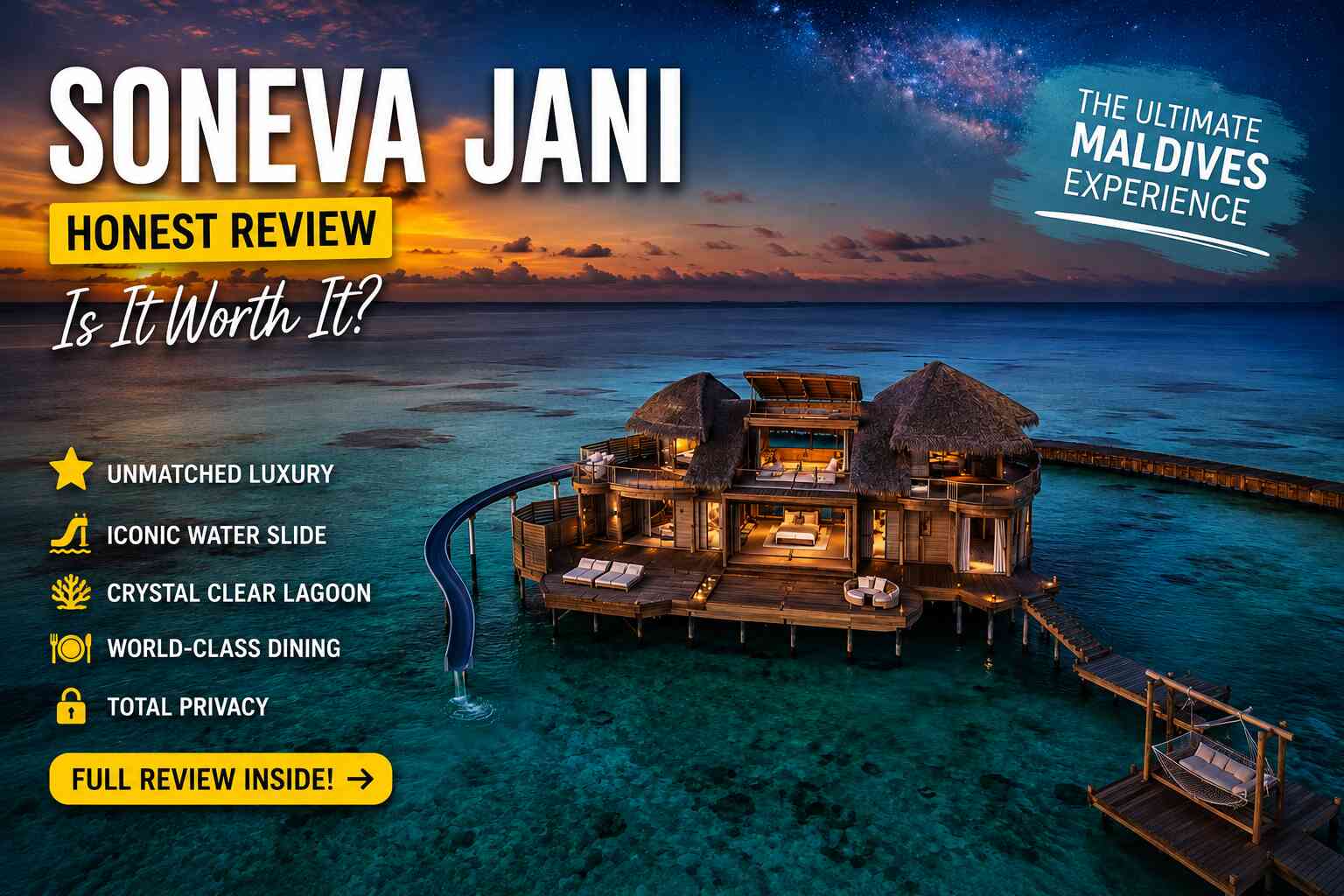 Aerial view of Soneva Jani overwater villa with retractable roof open at golden hour Noonu Atoll Maldives
