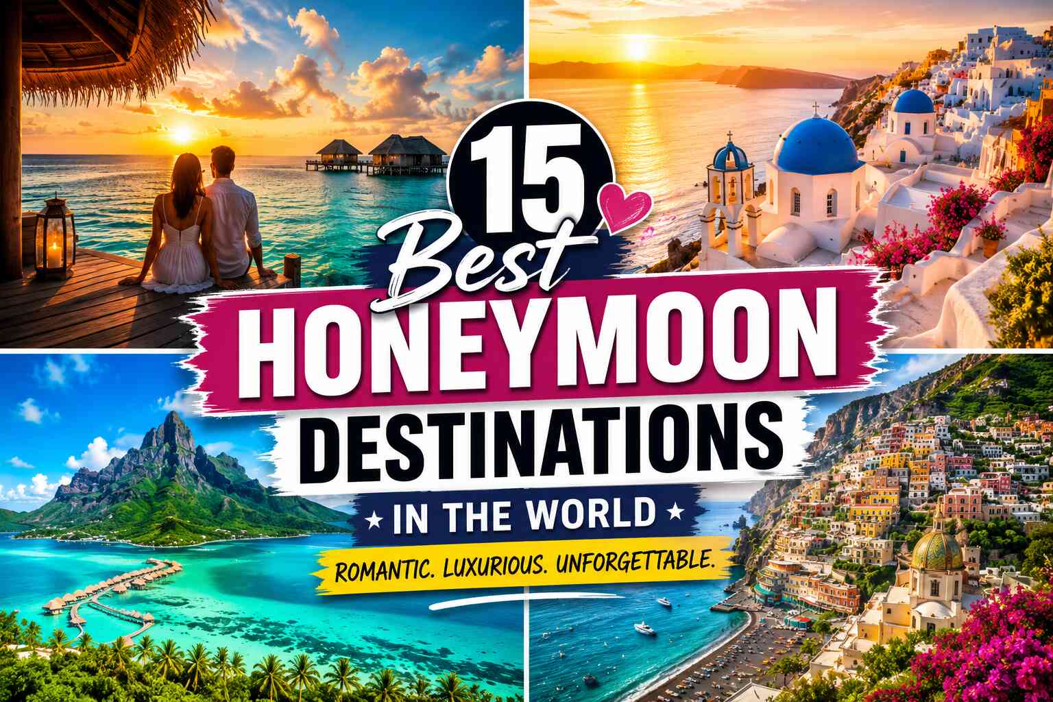 Best honeymoon destinations in the world collage featuring Maldives Santorini Bora Bora and Amalfi Coast