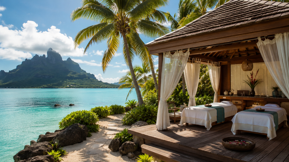 Private spa pavilion on a tropical island surrounded by turquoise lagoon