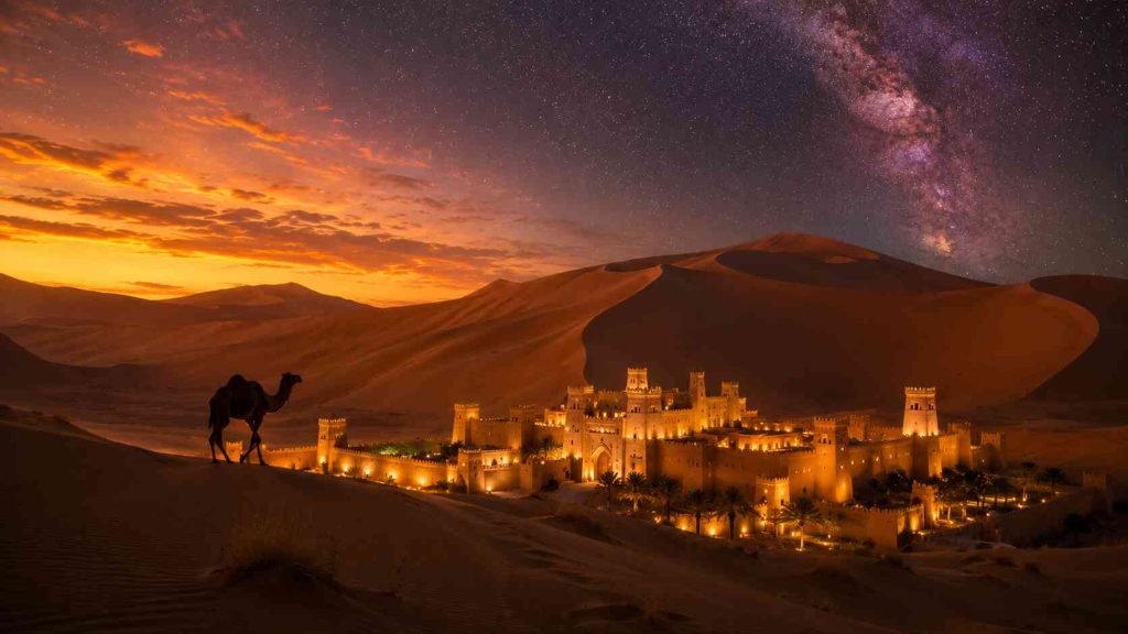 Qasr Al Sarab luxury desert resort rising from massive sand dunes in Abu Dhabi Empty Quarter at sunset