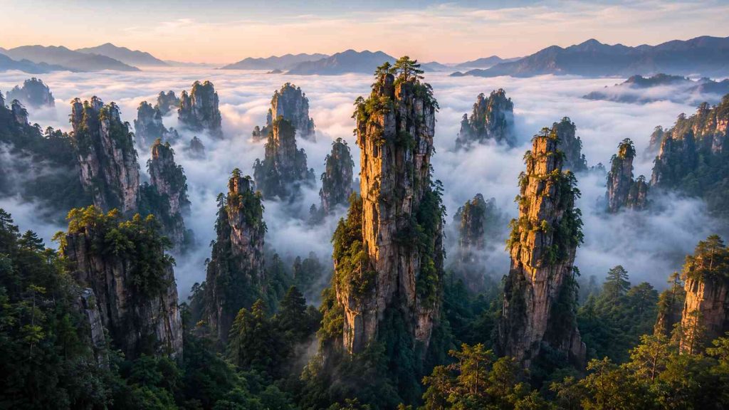 Towering sandstone pillars of Zhangjiajie National Forest Park rising above morning mist China