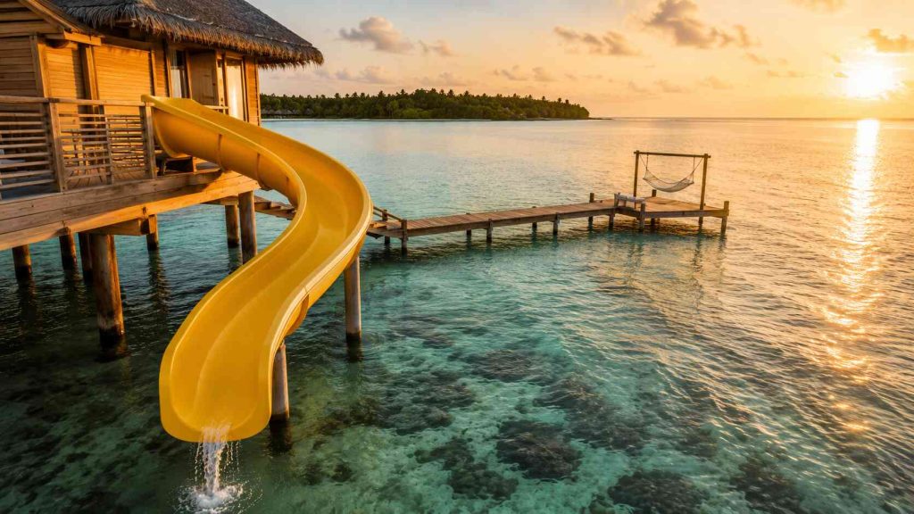Private water slide from overwater villa deck into turquoise lagoon at Soneva Jani Maldives at sunrise
