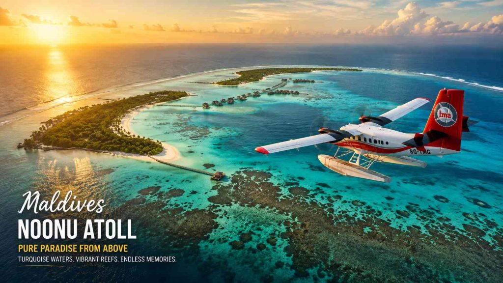 Seaplane flying over turquoise coral atoll in Maldives Noonu Atoll aerial view at golden hour