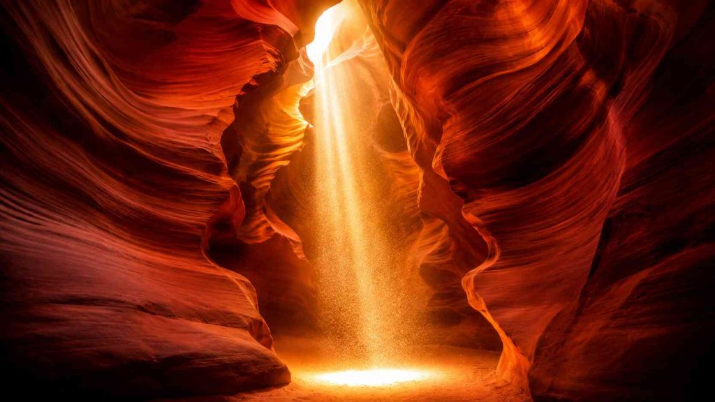 Golden light beam shining through narrow sandstone walls inside Antelope Canyon Arizona