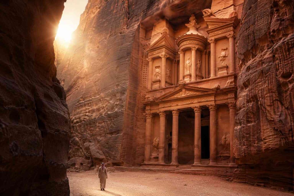 The Treasury Al-Khazneh ancient monument carved in sandstone cliffs in Petra Jordan at sunrise