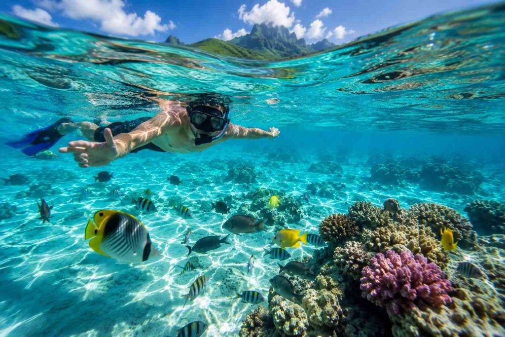 Snorkeling in the crystal clear turquoise lagoon of Bora Bora French Polynesia