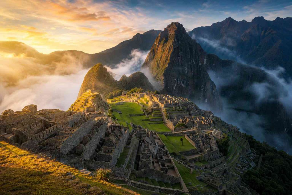 Machu Picchu Inca citadel at sunrise emerging from morning mist in the Peruvian Andes