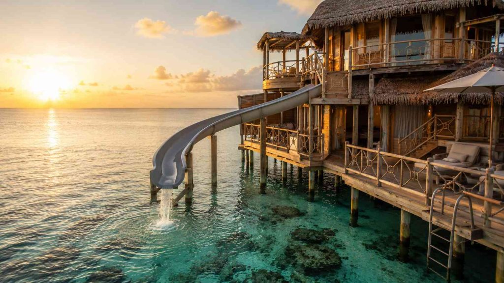 Private water slide from Crusoe Residence overwater villa deck into turquoise lagoon at Gili Lankanfushi Maldives at dawn