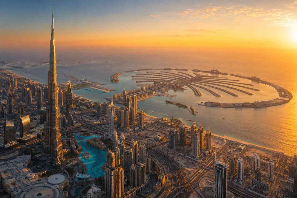 Dubai skyline at golden hour with Burj Khalifa and Palm Jumeirah aerial view