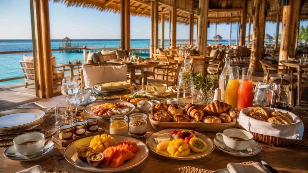Luxury overwater breakfast spread at Gili Lankanfushi restaurant above turquoise Maldives lagoon at golden hour