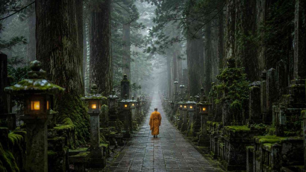 Mossy stone lanterns lining ancient cedar forest path at Okunoin cemetery Koyasan Japan at dawn