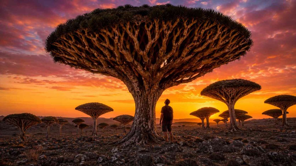 Dragon Blood Trees alien forest on Socotra Island Yemen at sunset